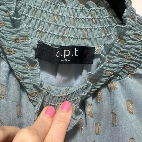 OPT small dusty blue gold shimmer polka dot dress mini ruffles long sleeve euc - Picture 3 of 4